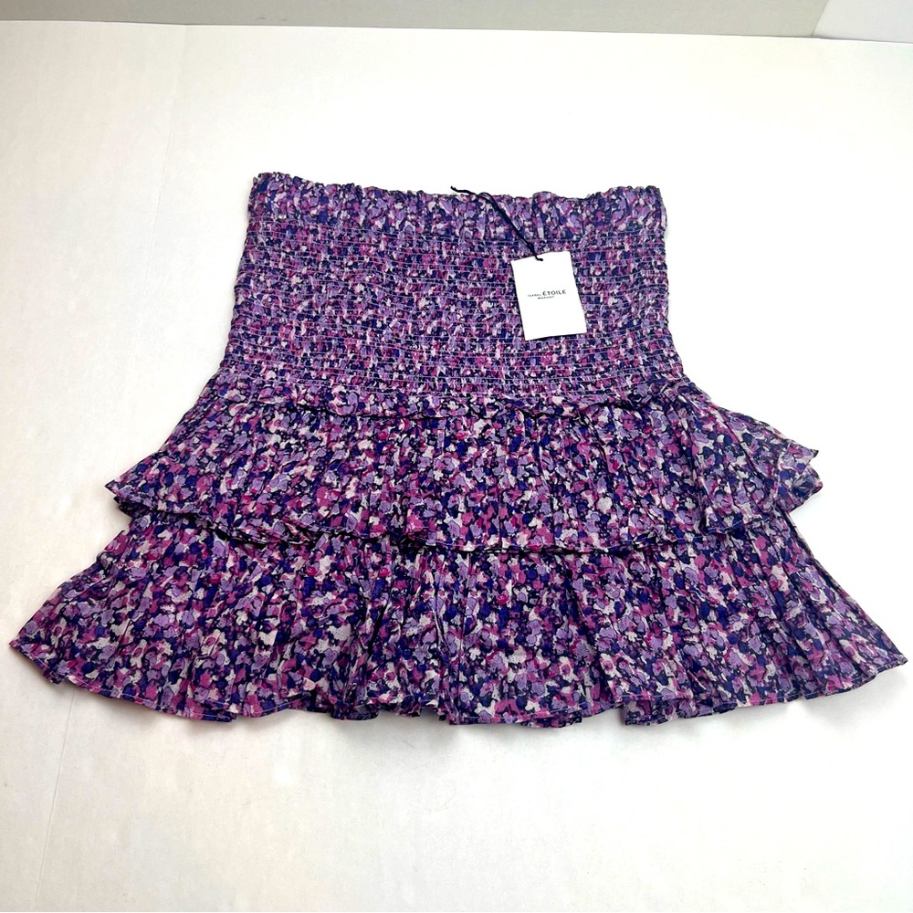 ISABEL MARANT ETOILE Purple Ditsy Floral Smocked Ruffle Tier Mini Skirt SZ 8 NEW